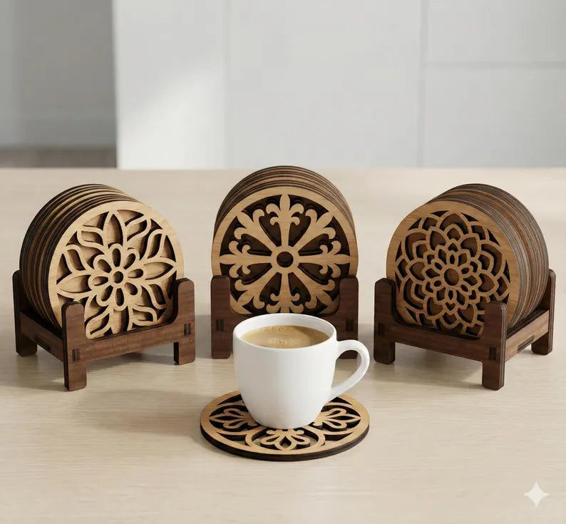 Drveni podmetači za čaše sa postolje